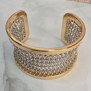 Gold Tone Mesh Chain Wide Cuff Bracelet Statement Open Bangle